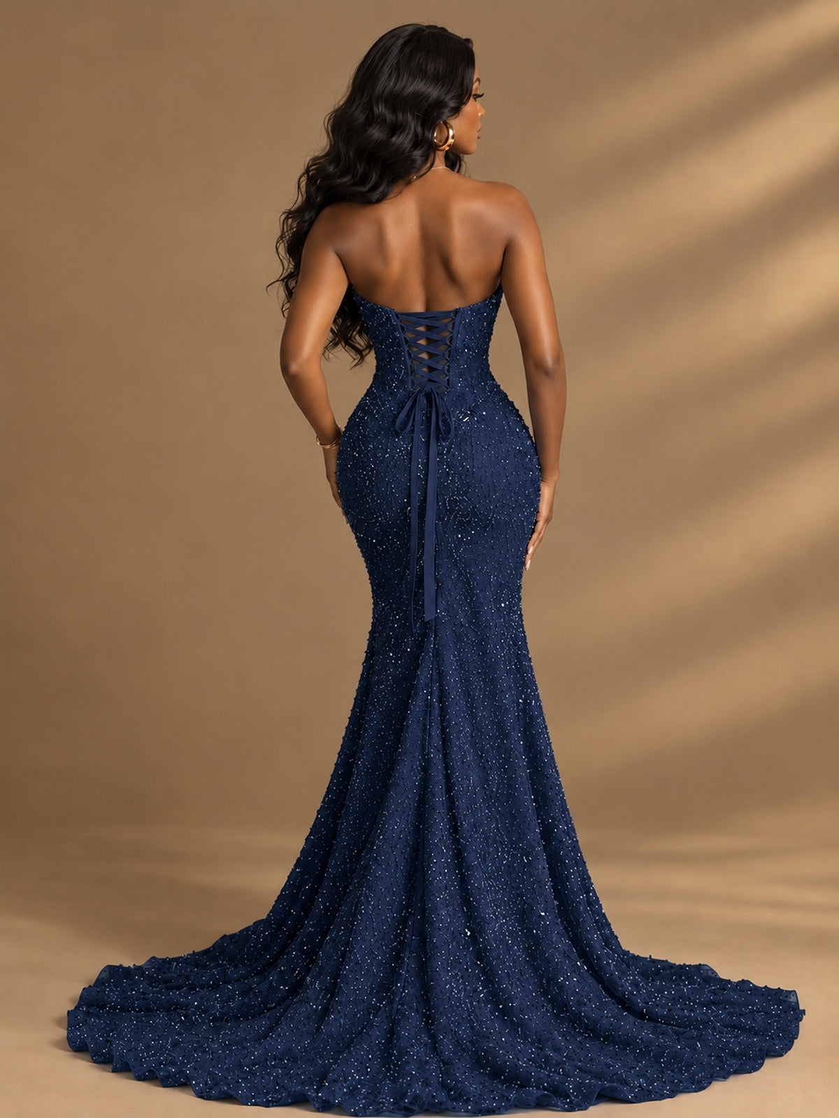 Beaded Sequin Prom Dress Strapless Formal Gowns with High Slit Train