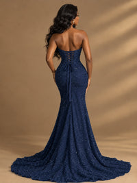 Beaded Sequin Prom Dress Strapless Formal Gowns with High Slit Train
