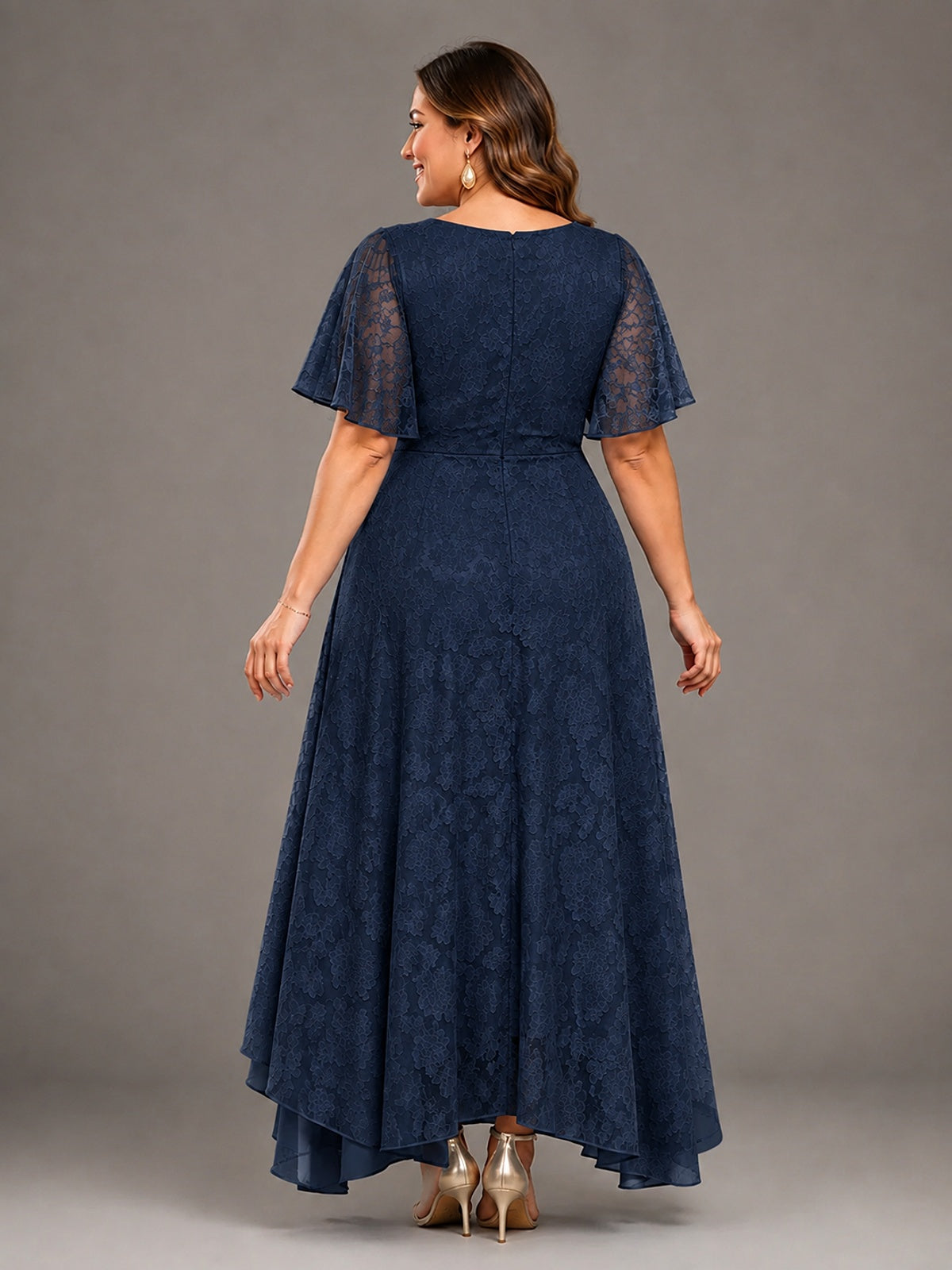 Jacquard Chiffon A-Line V-Neck High-Low Mother of the Bride Dress