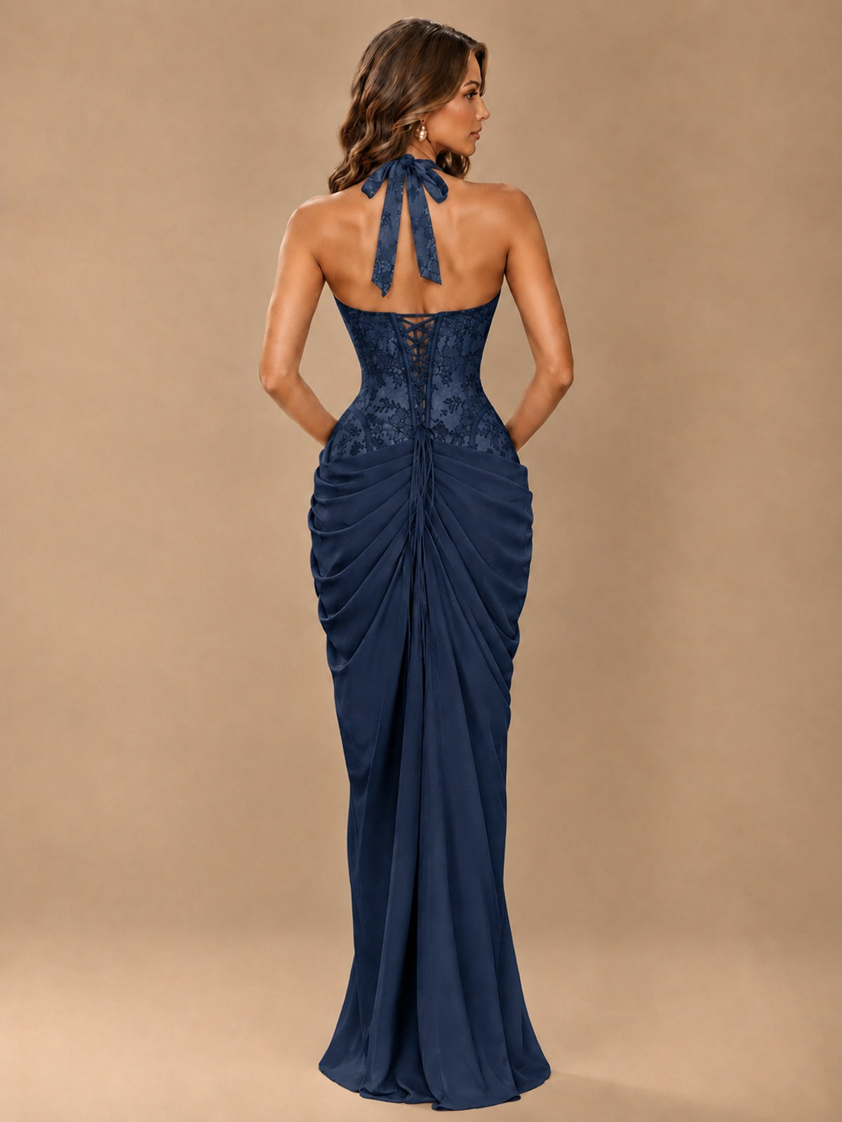 Sweetheart Halter Prom Dress Pleated Lace Floral Formal Dress with Slit