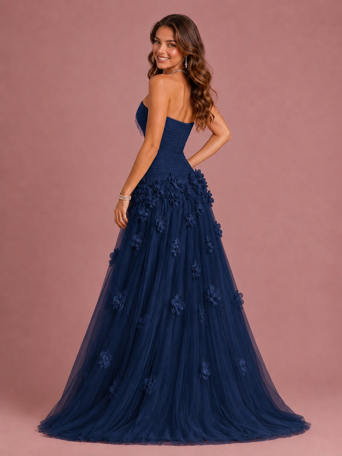 Blush Pink Strapless Sweetheart 3D Floral Tulle Ball Gown Prom Dres