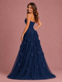 Blush Pink Strapless Sweetheart 3D Floral Tulle Ball Gown Prom Dres