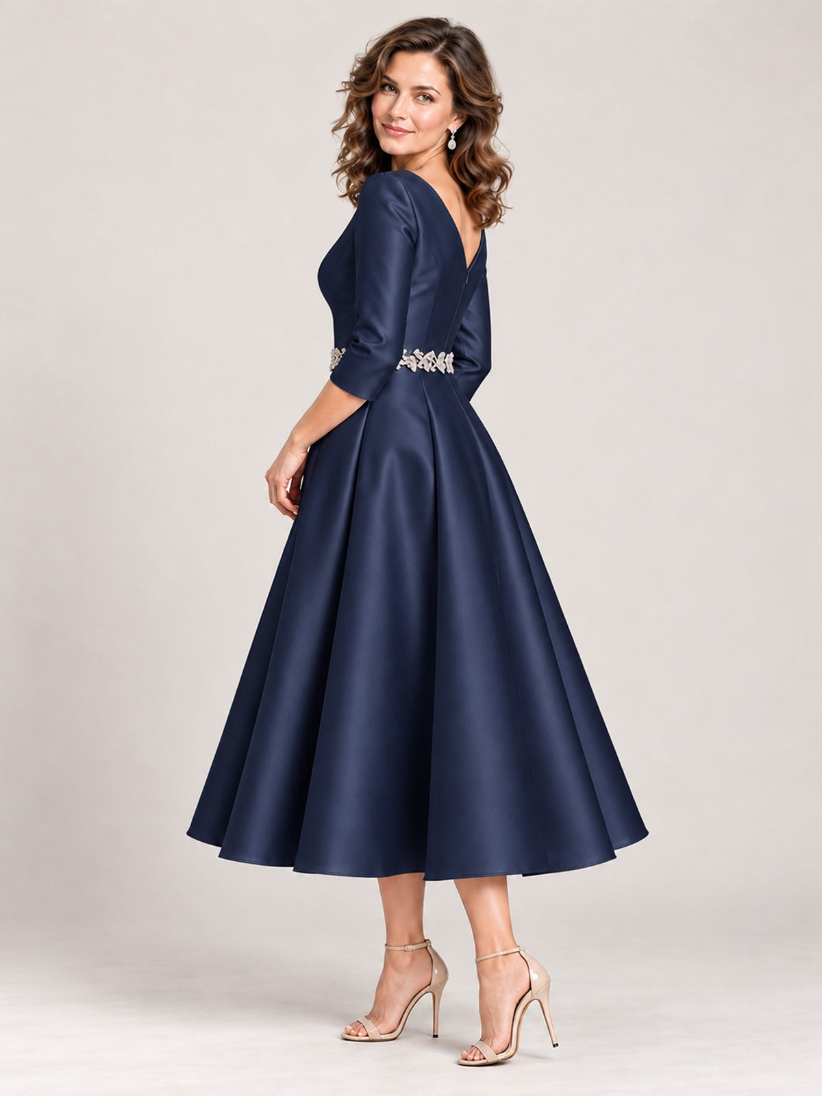 V-Neck Tea-Length Mother of the Bride Dress with Embellished Waist