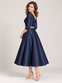 V-Neck Tea-Length Mother of the Bride Dress with Embellished Waist