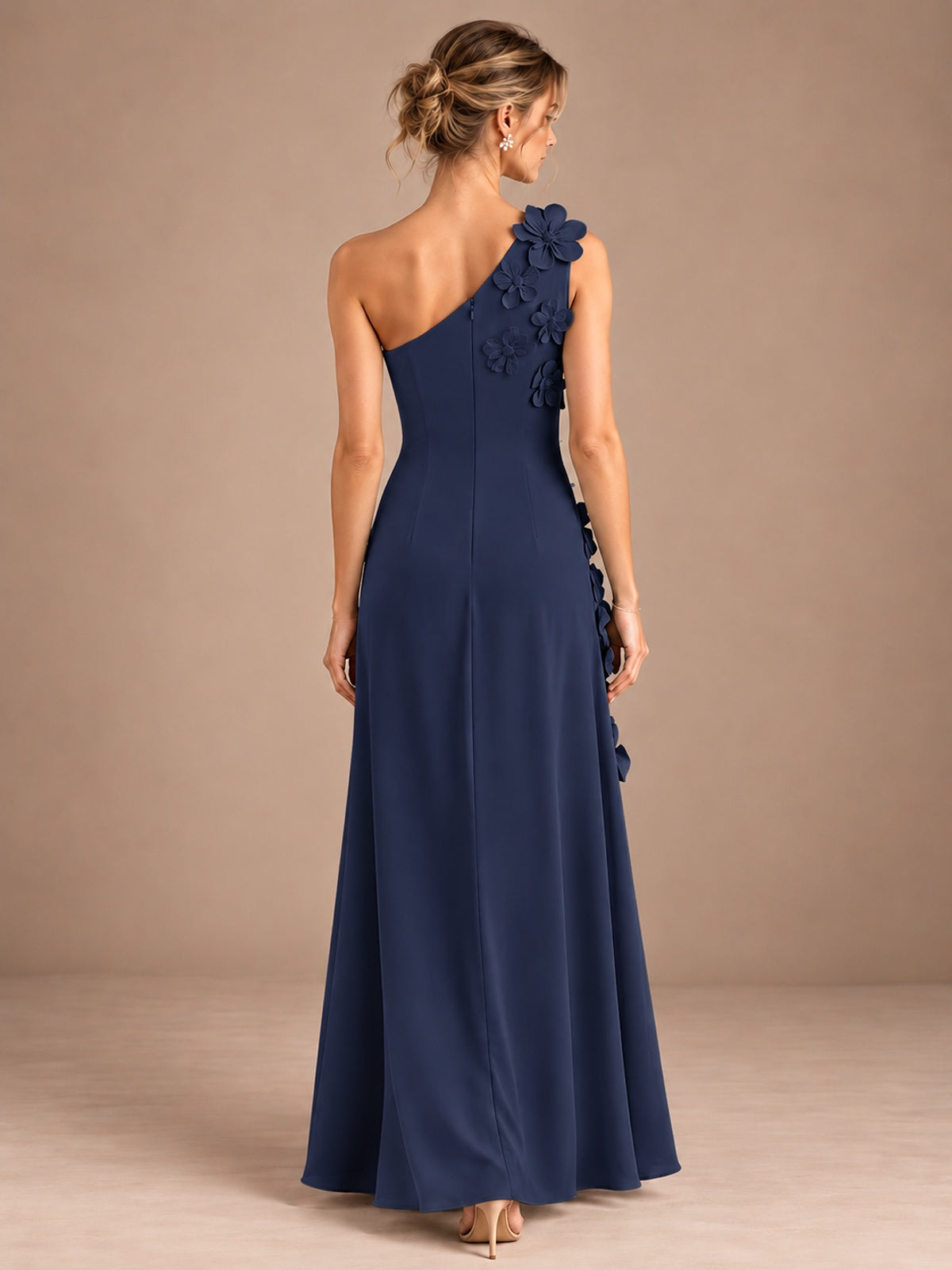 Sage Green One Shoulder Satin Formal Maxi Dress with 3D Floral