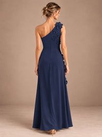 Sage Green One Shoulder Satin Formal Maxi Dress with 3D Floral