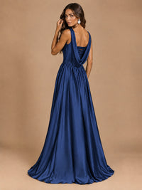 Cowl Neck Pleated Satin Prom Dress with Pockets & Slit Maxi Formal Gowns