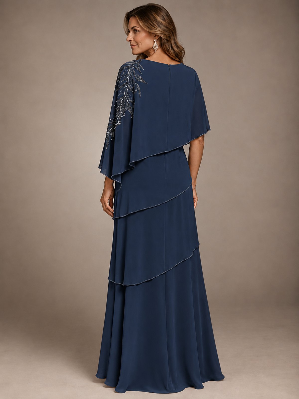 Elegant Chiffon Cape Sleeve Beaded Mother of the Bride Dress