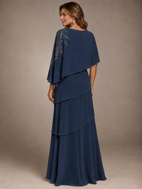 Elegant Chiffon Cape Sleeve Beaded Mother of the Bride Dress