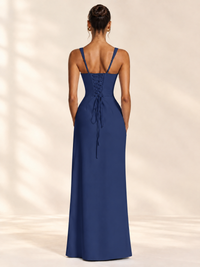 Square Neck Satin Sleeveless Ruched Prom Dress with High Slit