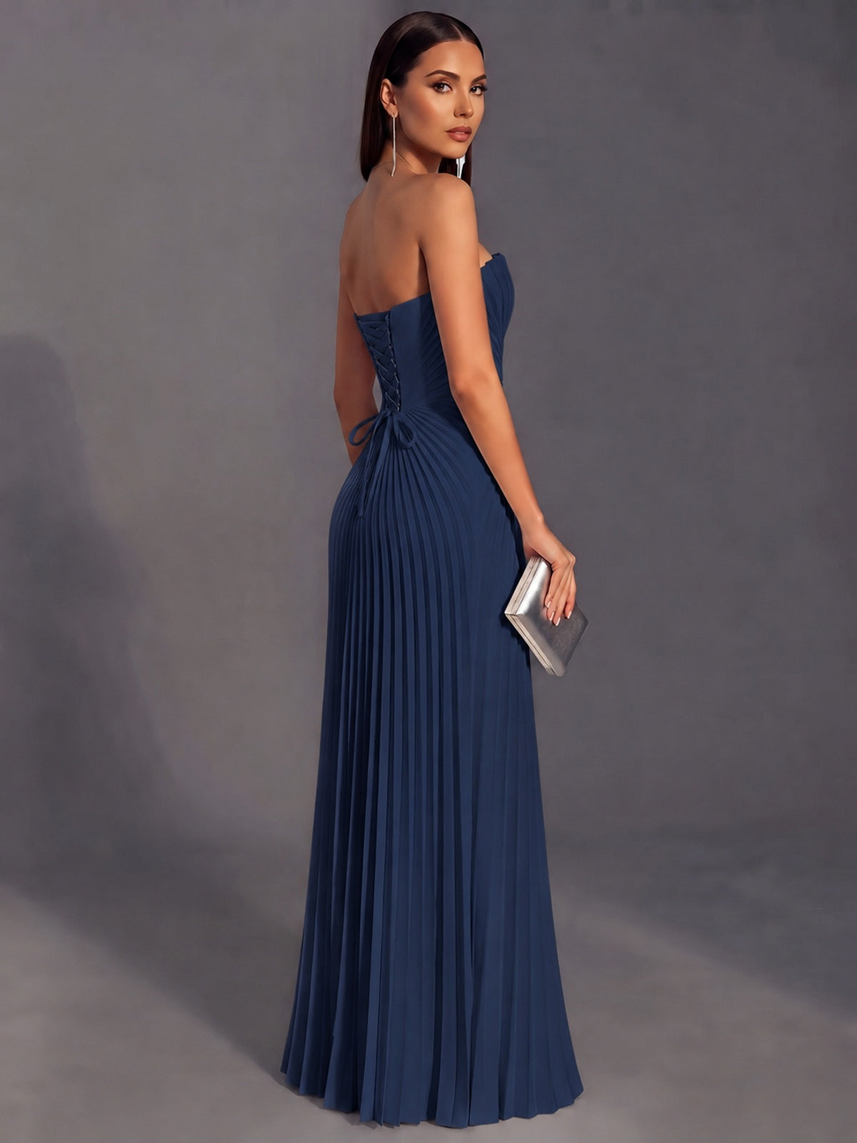 Strapless A-line Long Pleated Satin Prom Dress