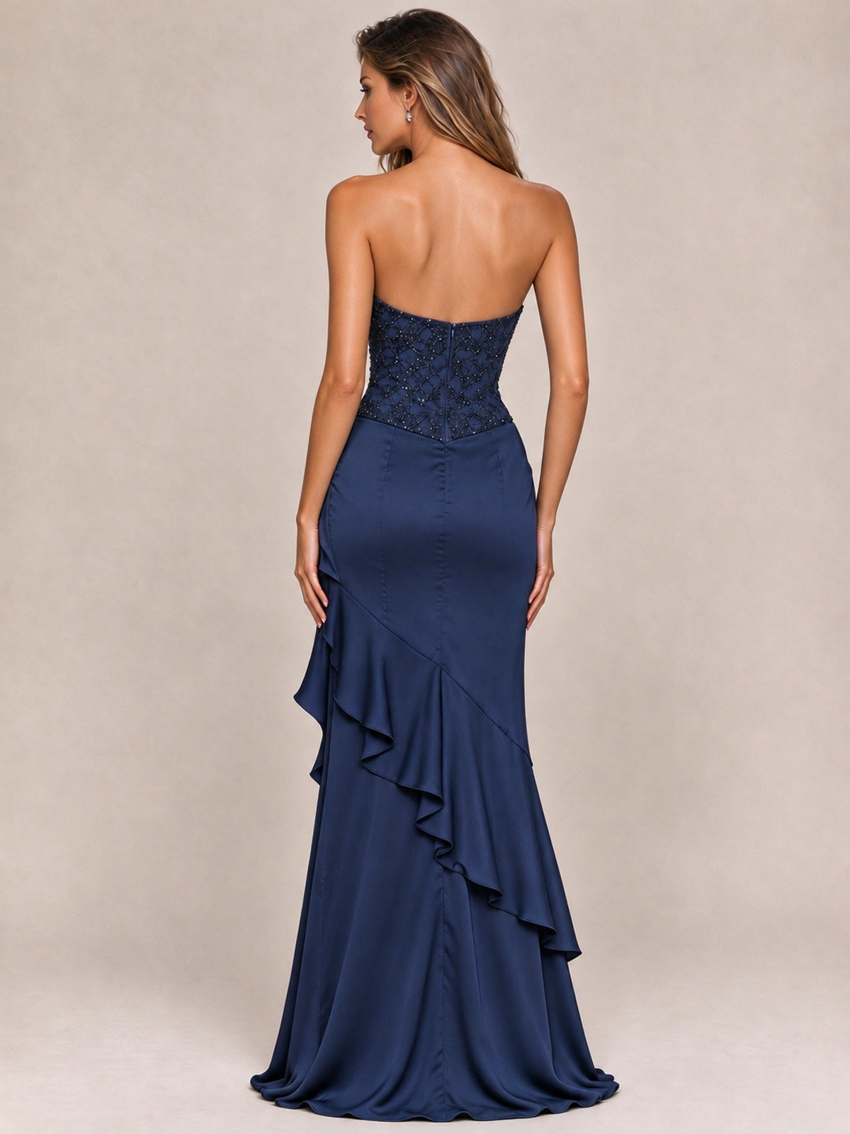 Strapless Lace Appliques Corset Satin Prom Dress Ruffle Slit Evening Gown