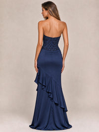 Strapless Lace Appliques Corset Satin Prom Dress Ruffle Slit Evening Gown
