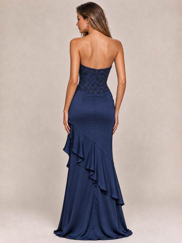 Strapless Lace Appliques Corset Satin Prom Dress Ruffle Slit Evening Gown