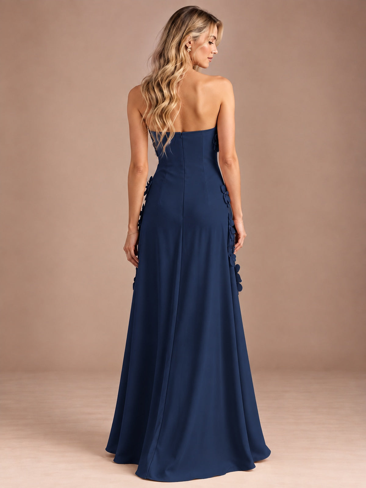 Yellow Strapless A-line Satin Maxi Dress with 3D Floral