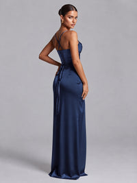 Square Neck Satin Long Prom Dress with Ruffles
