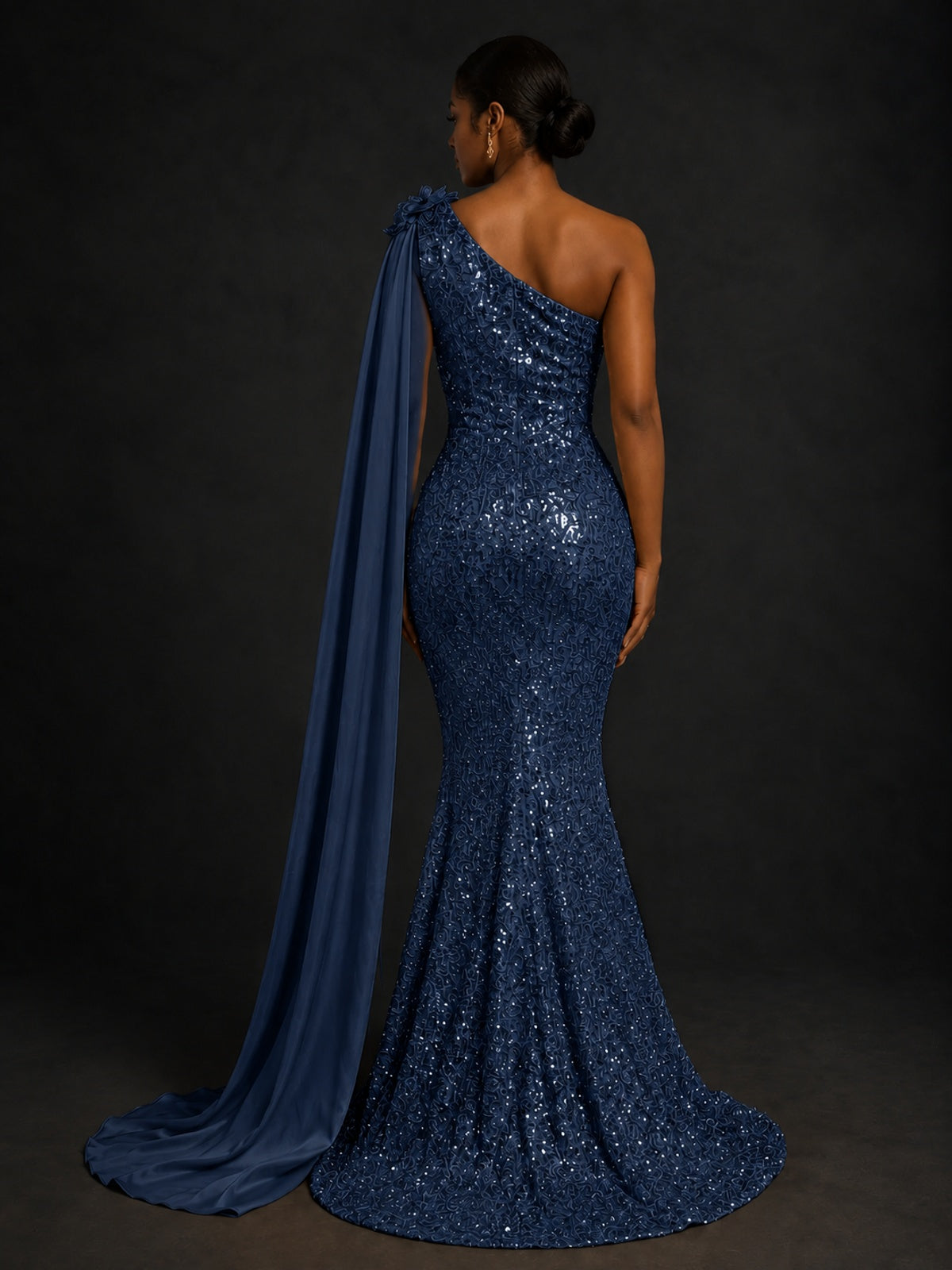 Gold Sequin One Shoulder Mermaid Prom Dress with Cape