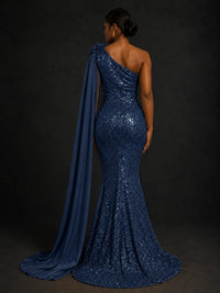 Gold Sequin One Shoulder Mermaid Prom Dress with Cape