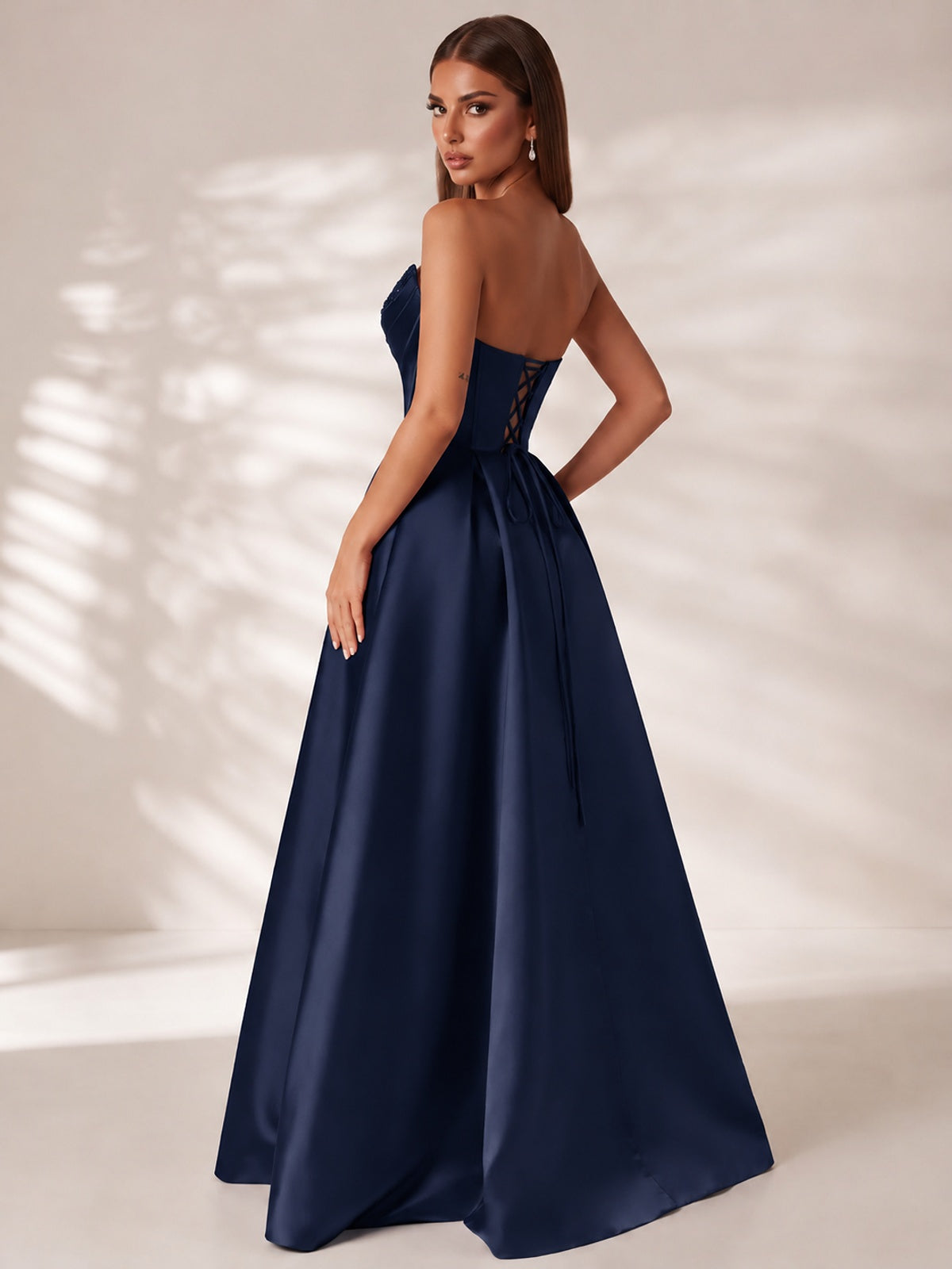 Strapless Corset Satin Prom Dress Long Evening Gown with High Slit