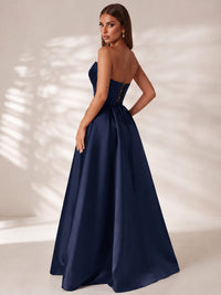 Strapless Corset Satin Prom Dress Long Evening Gown with High Slit