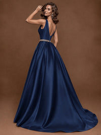 Satin A-Line Prom Dress Sleeveless Beaded Waist Formal Gown with Pockets