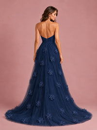 3D Floral Applique Strapless Tulle Prom Dress with High Slit
