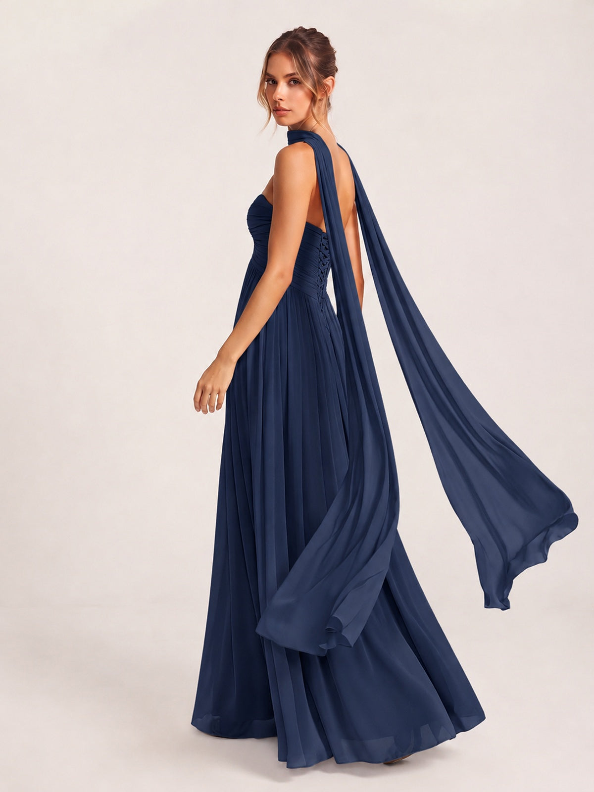 Strapless Ruched Chiffon Long Prom Dress with Scarf