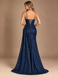 Burgundy Sequin Corset Prom Dress with High Slit