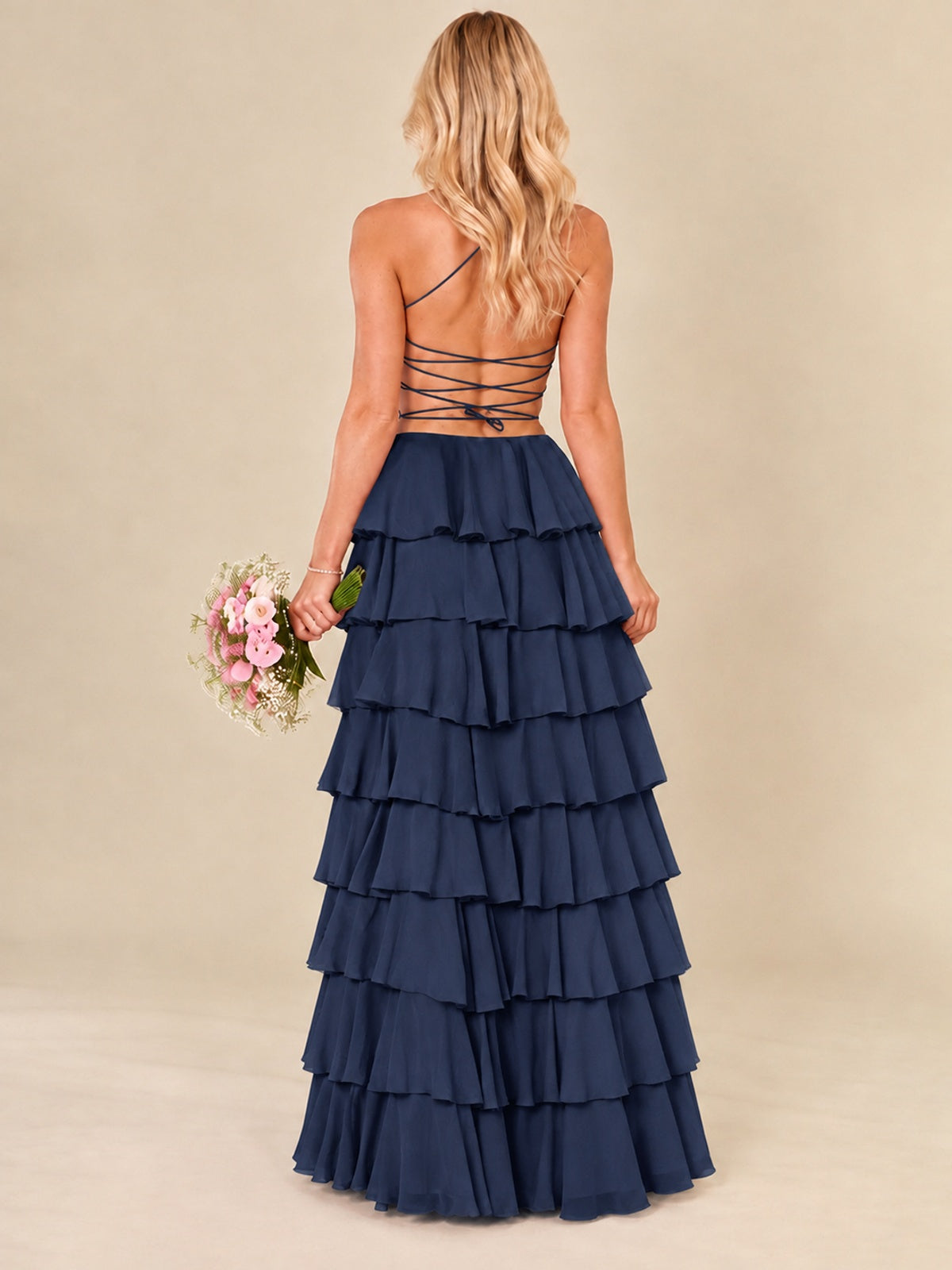 Ruffled Tiered Chiffon Prom Dress Spaghetti Straps Formal Maxi Dress with Slit