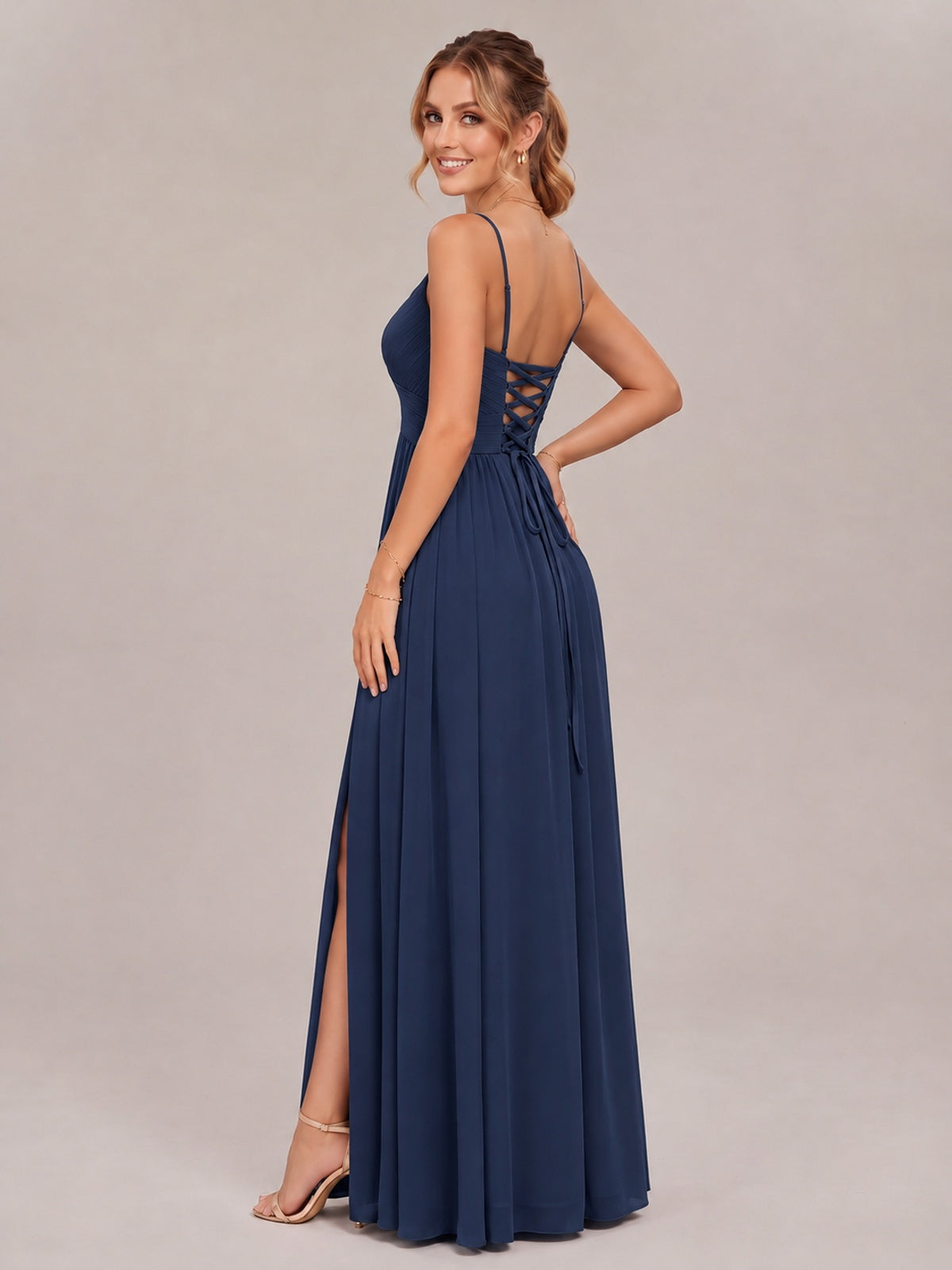 V-Neck Pleated Chiffon Long Bridesmaid Dress with Slit