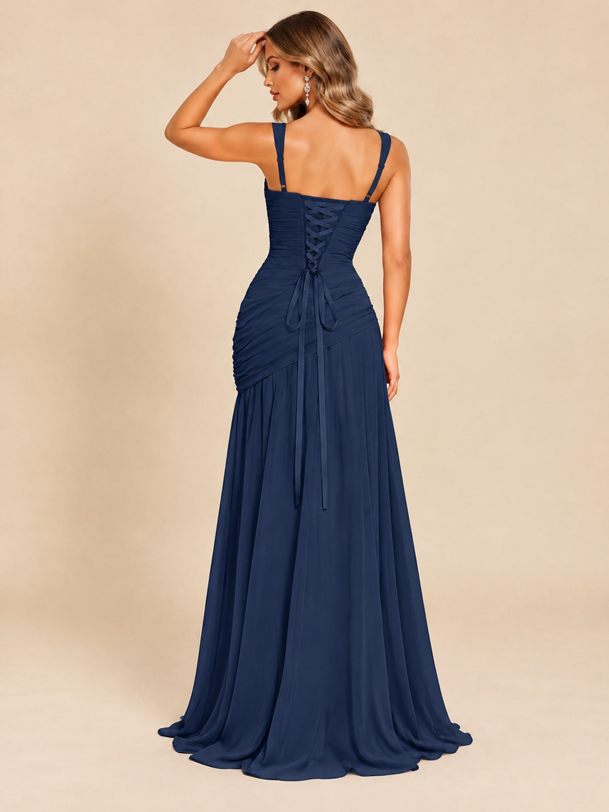 Wrap Pleated Prom Dress Scoop Neck with Slit Women Wedding Formal Dress