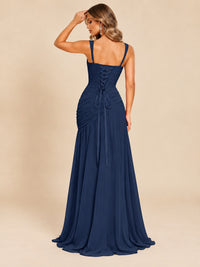 Wrap Pleated Prom Dress Scoop Neck with Slit Women Wedding Formal Dress