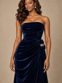 Burgundy Velvet Strapless Ruched Prom Dress with Jeweled Side Drape