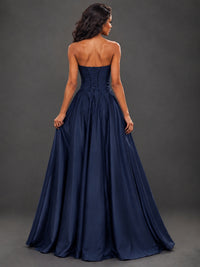Draped Satin Prom Dress Strapless A-line Formal Dress Floor Length