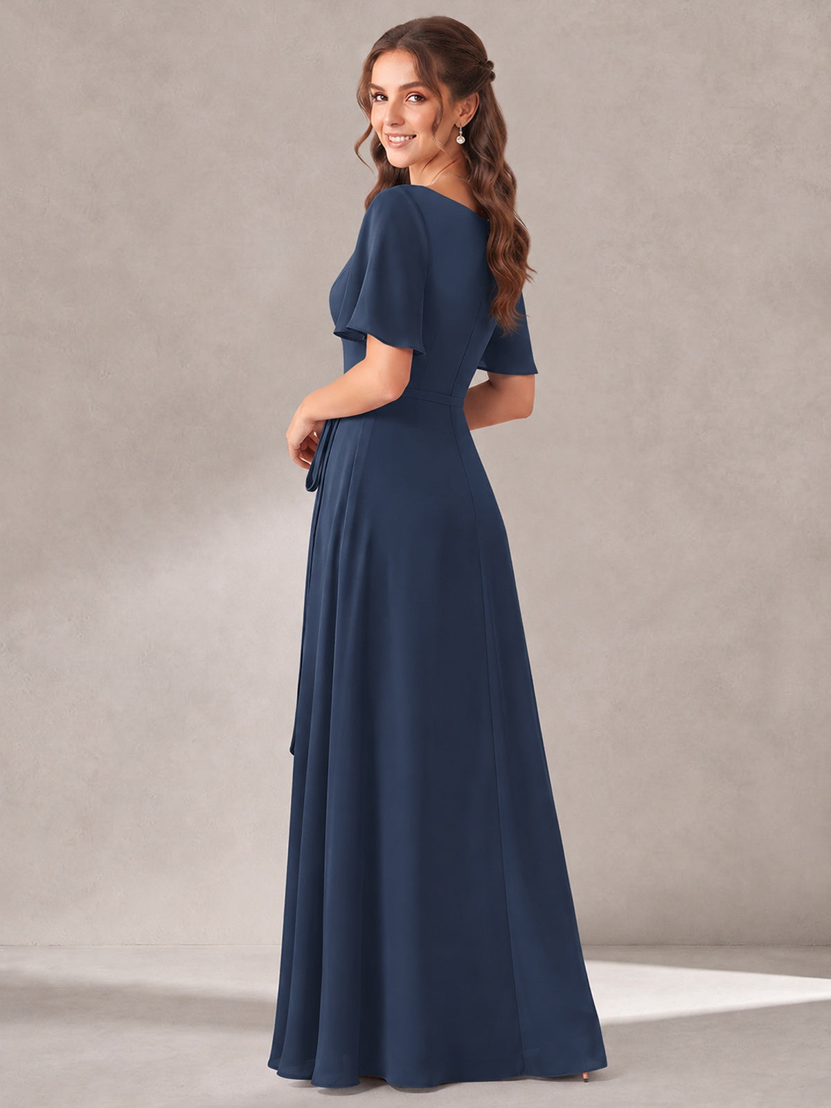 Scoop Neck A-line Chiffon Bridesmaid Dress with Flutter Sleeve & Belt