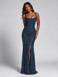 Sequin Corset Mermaid Prom Dress with Square Neck Wide Strap High Slit