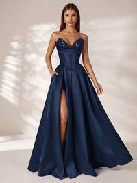 Strapless Corset Satin Prom Dress Long Evening Gown with High Slit