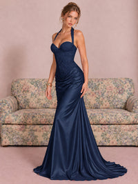 Sparkling Halter Corset Satin Mermaid Prom Dress