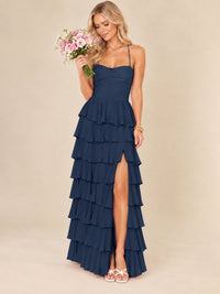 Ruffled Tiered Chiffon Prom Dress Spaghetti Straps Formal Maxi Dress with Slit