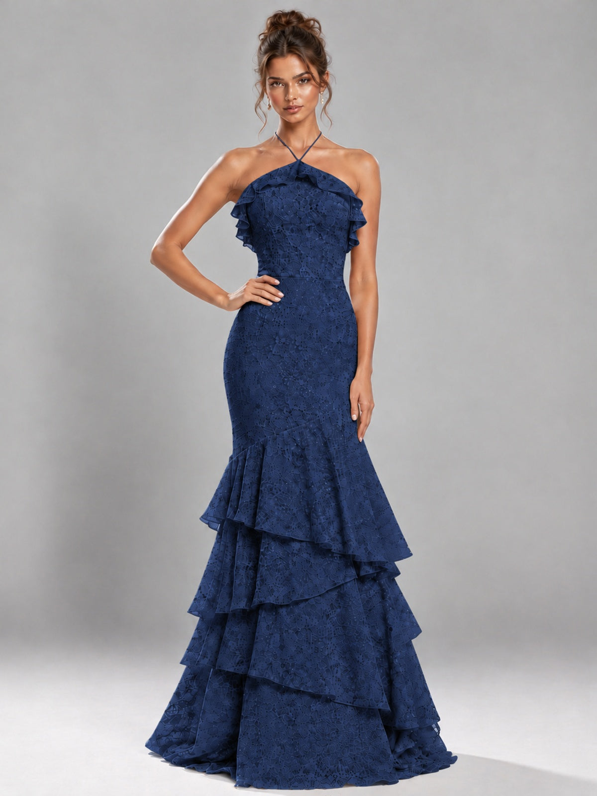 Halter Tiered Mermaid Prom Dress with Sparkly Lace