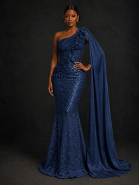 Gold Sequin One Shoulder Mermaid Prom Dress with Cape