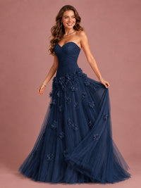 Blush Pink Strapless Sweetheart 3D Floral Tulle Ball Gown Prom Dres