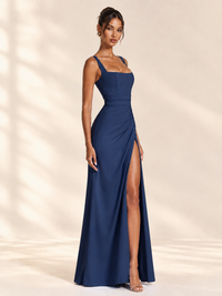 Square Neck Satin Sleeveless Ruched Prom Dress with High Slit
