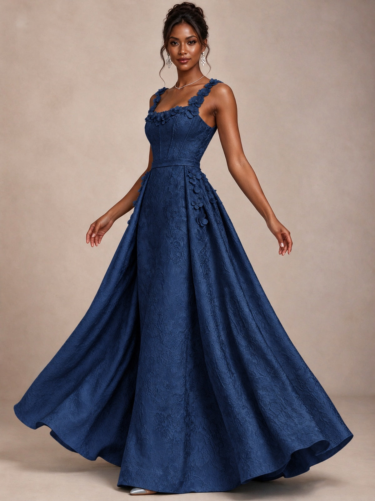 Light Blue 3D Floral Jacquard Prom Dress with Detachable Overskirt Corset Gown