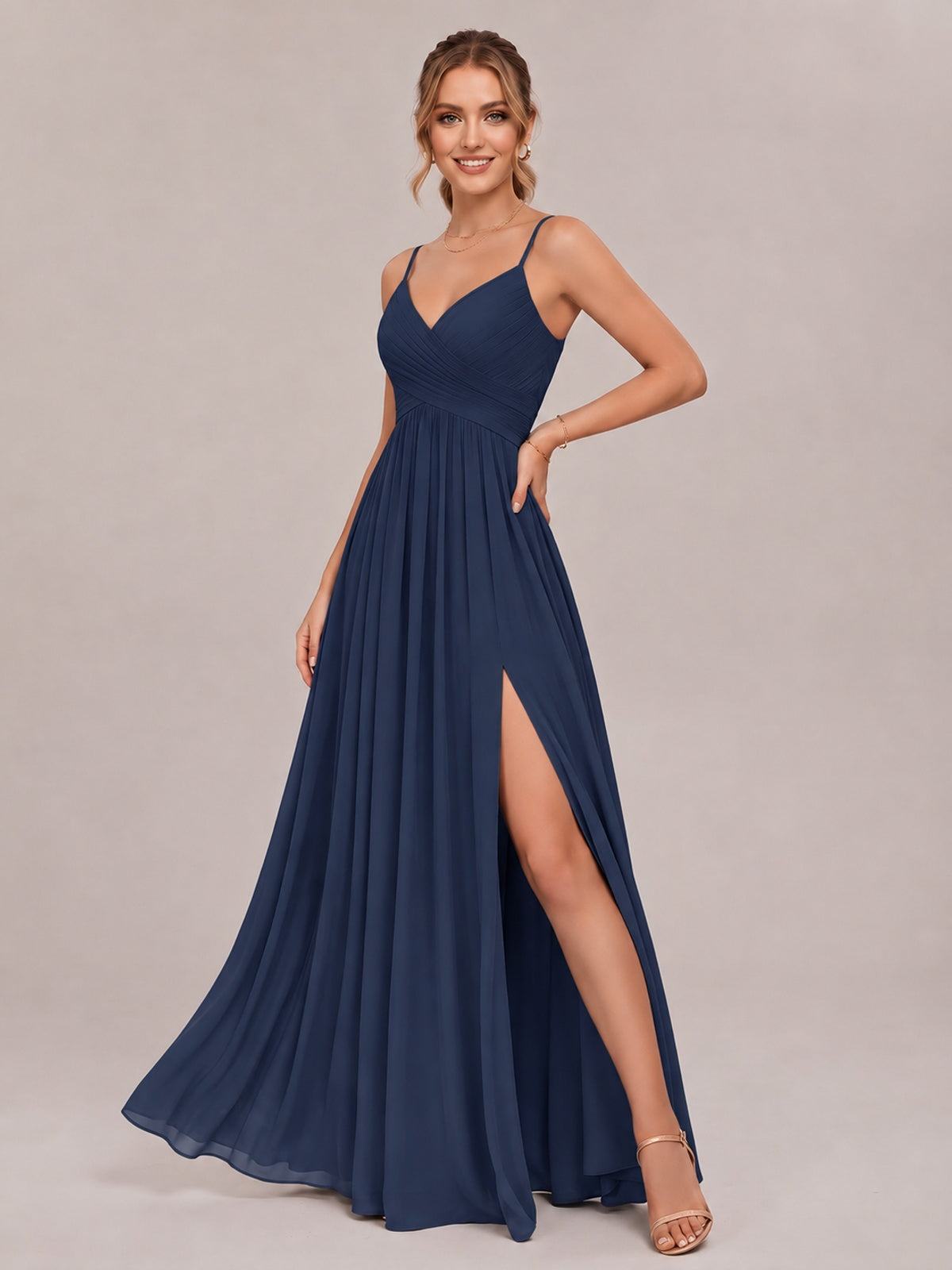 V-Neck Pleated Chiffon Long Bridesmaid Dress with Slit