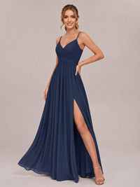 V-Neck Pleated Chiffon Long Bridesmaid Dress with Slit