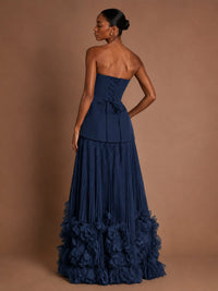 Strapless Pleated Floral Satin Formal Dress with Side Slit