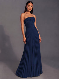 Strapless A-line Long Pleated Satin Prom Dress