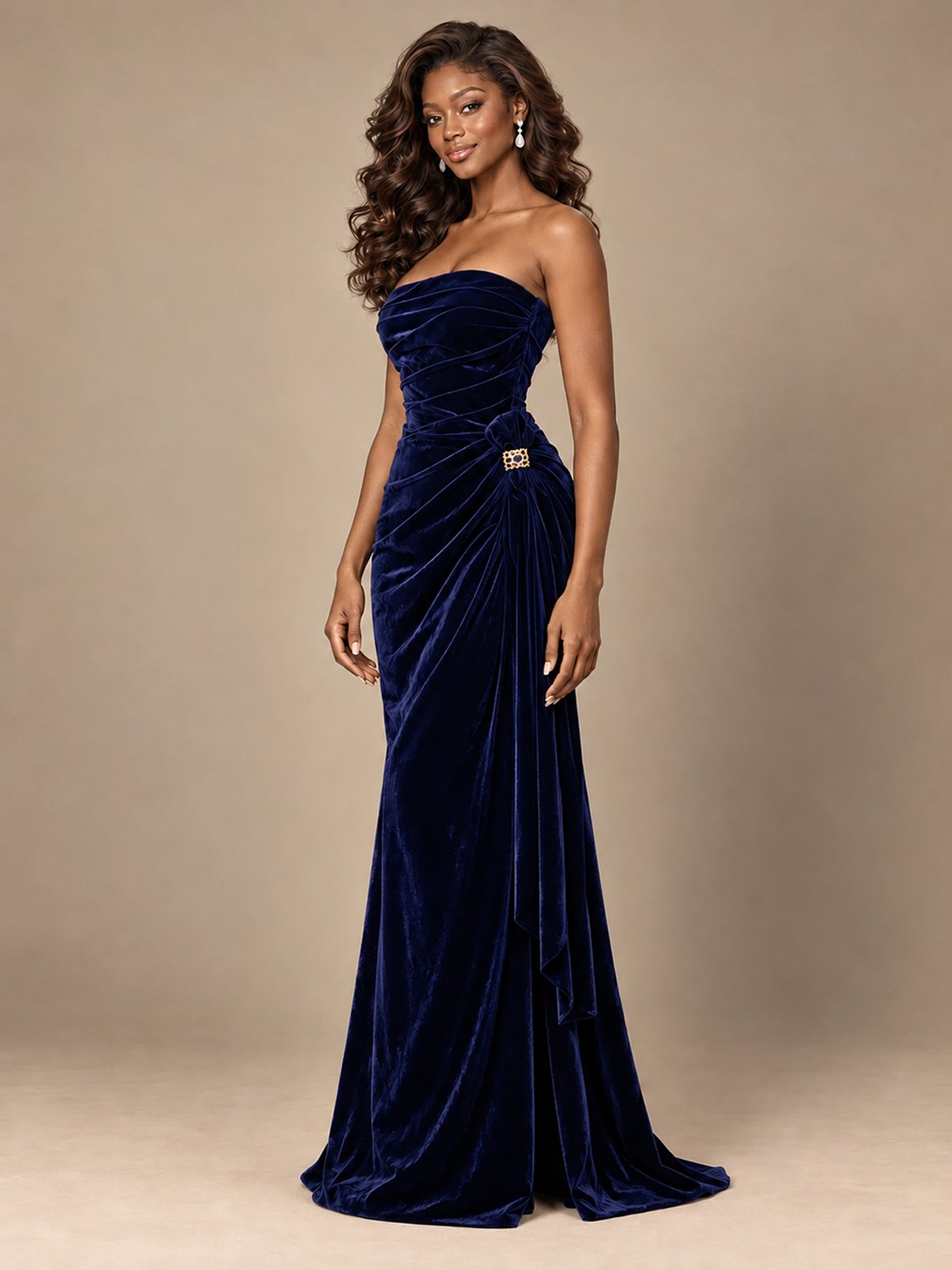 Burgundy Velvet Strapless Ruched Prom Dress with Jeweled Side Drape