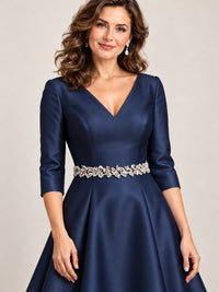 V-Neck Tea-Length Mother of the Bride Dress with Embellished Waist